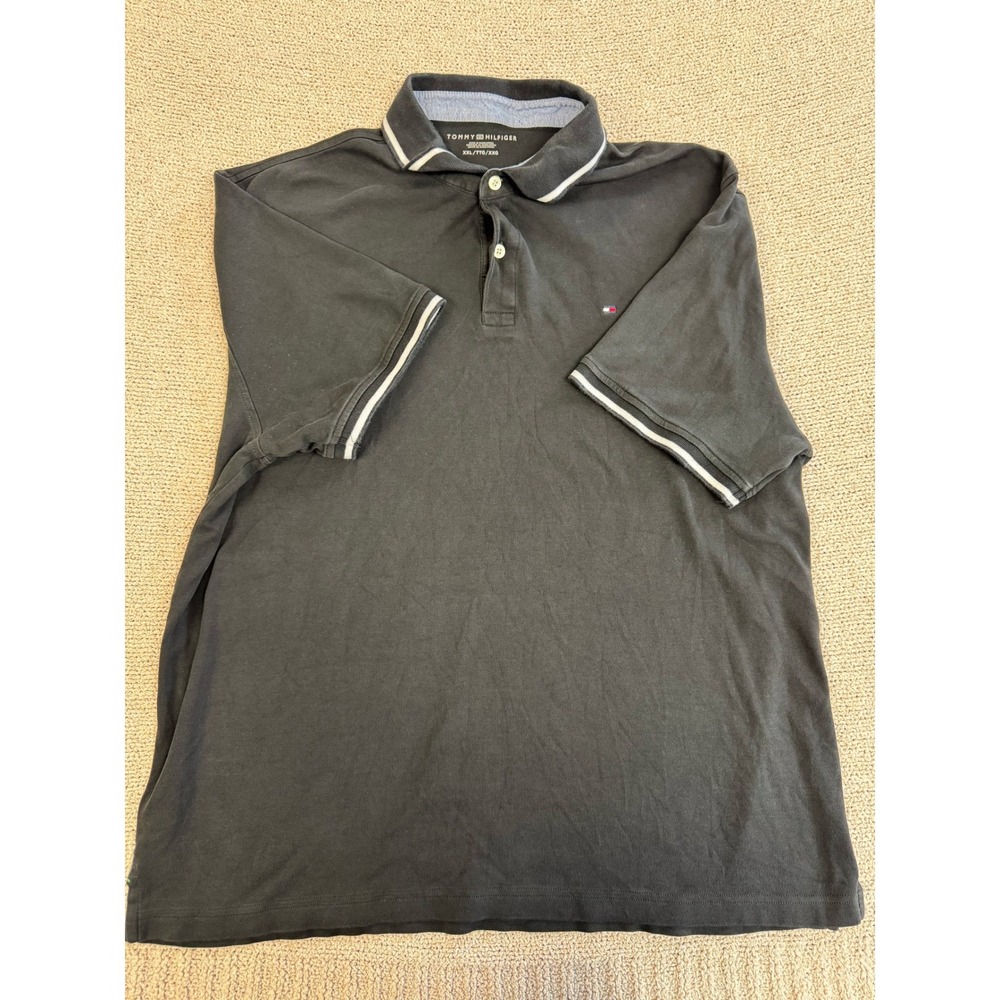 Tommy Hilfiger Mens XXL Black Short Sleeve Tipped Polo Shirt Cotton Flag Logo
